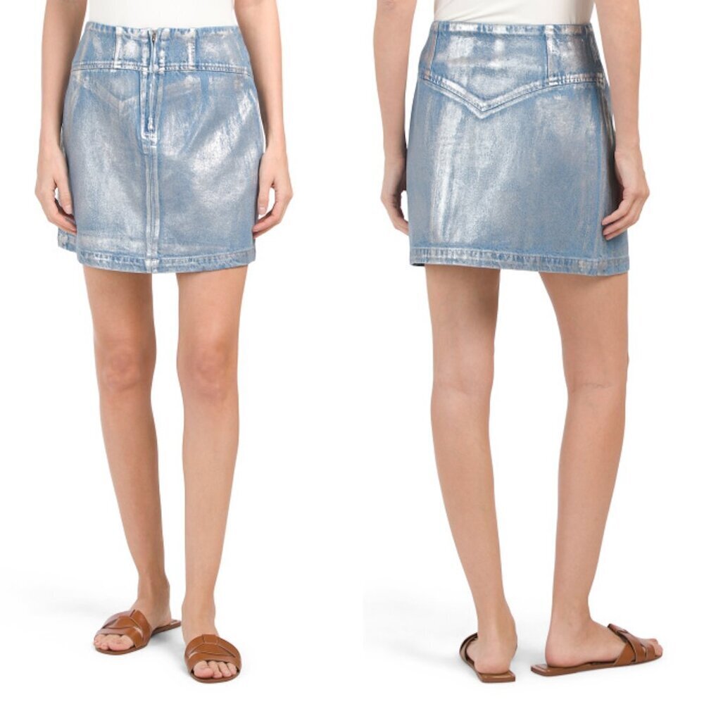NWT New House Of Harlow 1960 Metallic Coated Denim Mini Skirt Size L